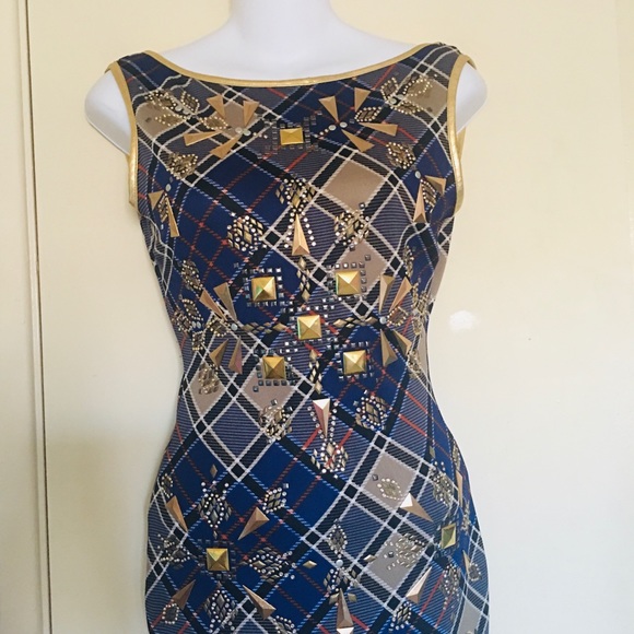 Va Va Voom Blue and Gold Geometric Dress - Picture 3 of 7